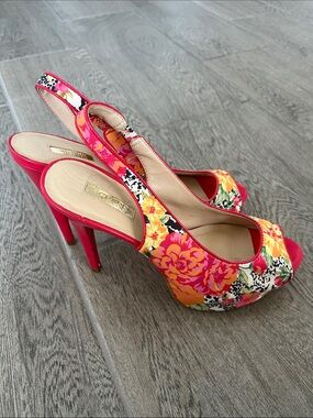 Guess Brand Floral Peep-Toe Slingback Platform Heels